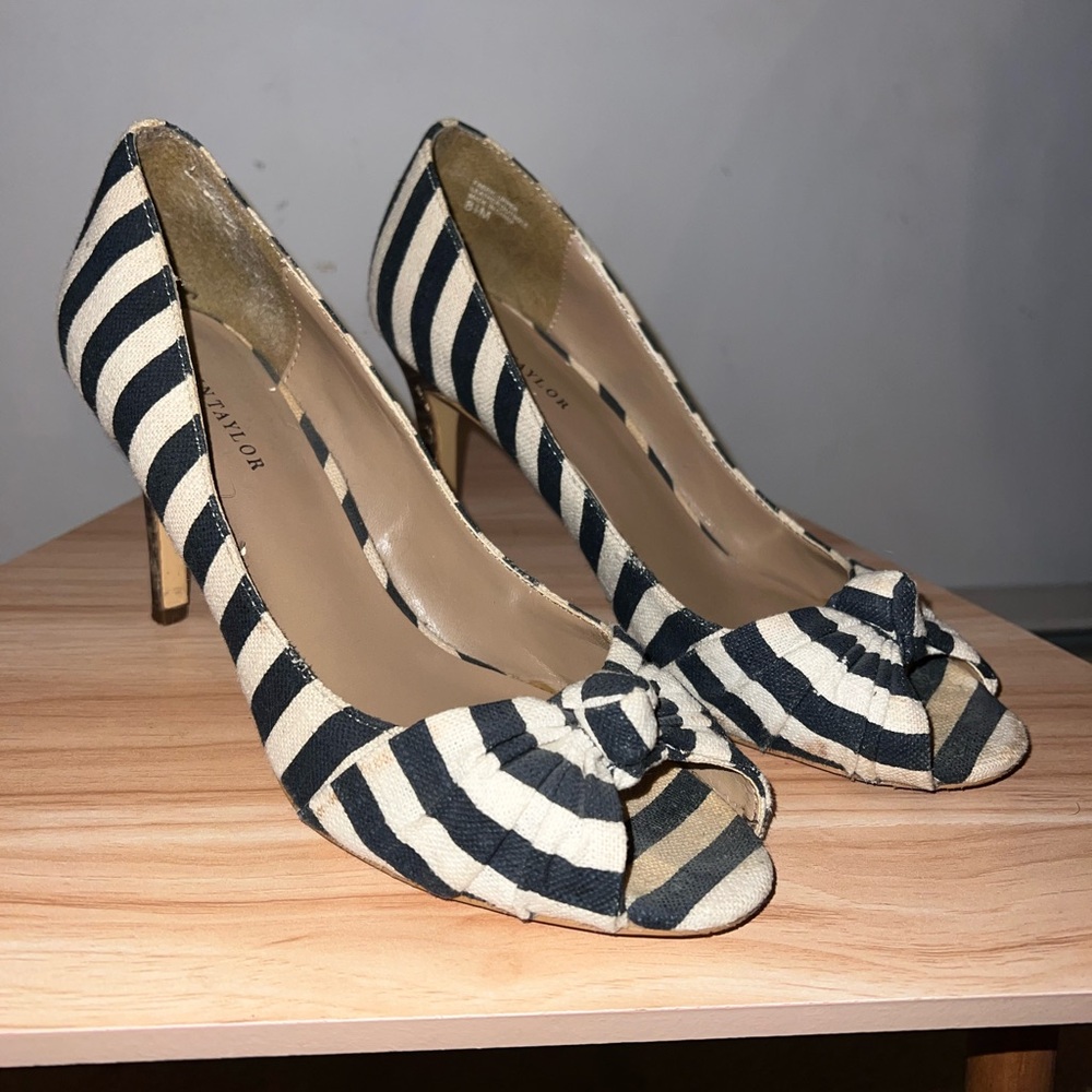 Ann Taylor Black and White Striped Peep Toe Heels